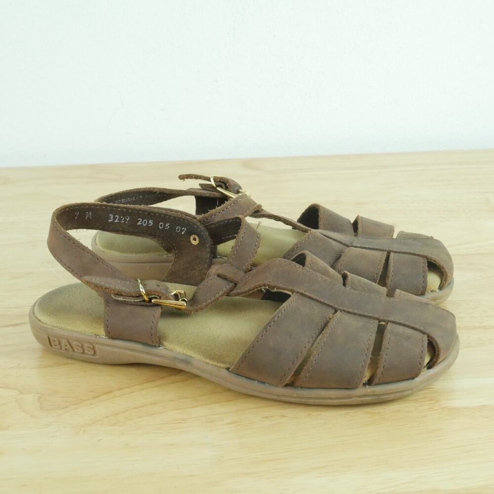 Bass Sunjuns Size 7 Sandals Fisherman Woven Leather Maryjane T Strap Brown Flats